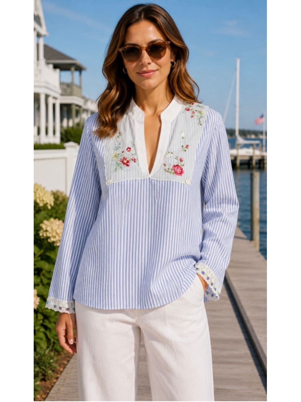 New Tory Burch Blue White Striped Embroidered Blouse Size 6